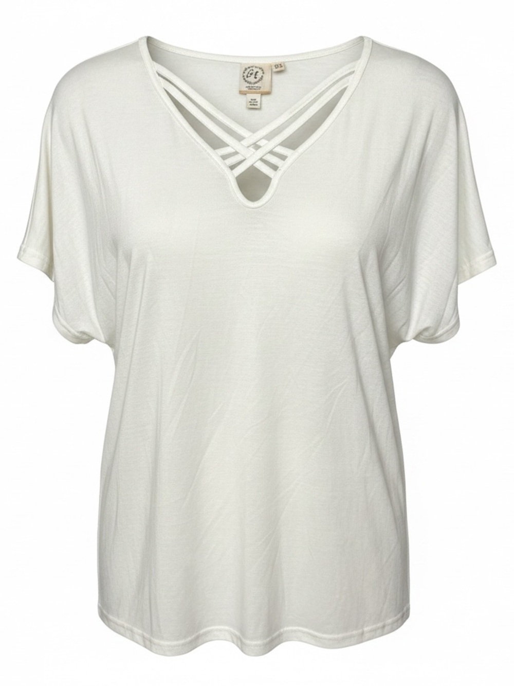 Cream cotton, polyester & spandex blouse with criss-cross detail at the neckline